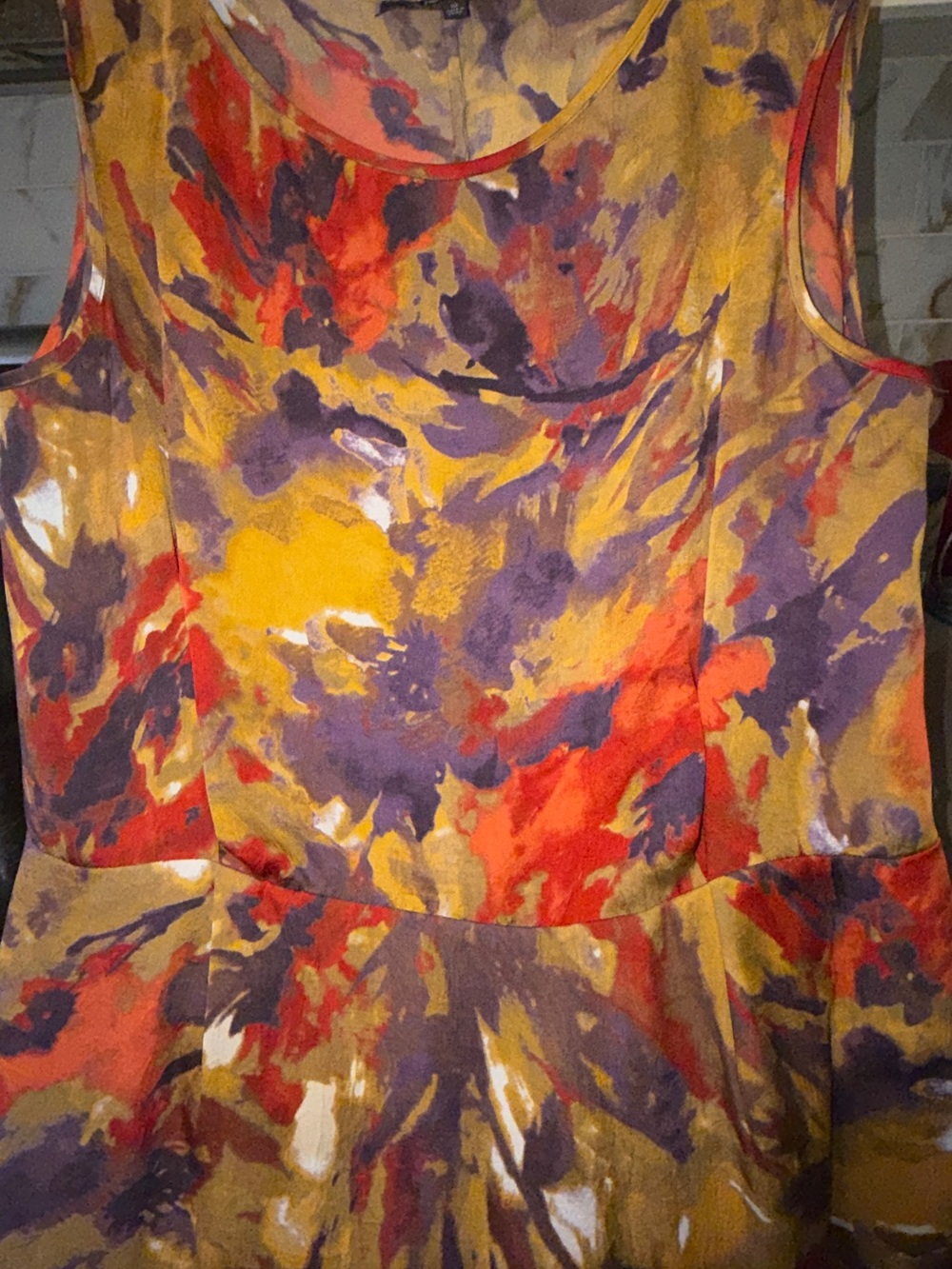 Anne Klein Multicolor Abstract Floral Dress in Mustard, Purple & Red